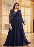 Plus Size Navy Blue Chiffon Long Sleeve Prom Dress