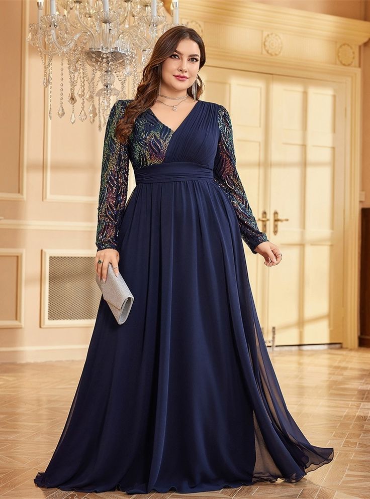 Plus Size Navy Blue Chiffon Long Sleeve Prom Dress
