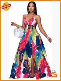 Boho Halter Backless Maxi Dress Sleeveless Flowy Summer Party Color: