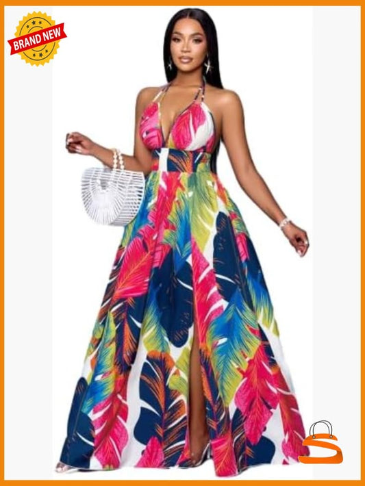 Boho Halter Backless Maxi Dress Sleeveless Flowy Summer Party Color: