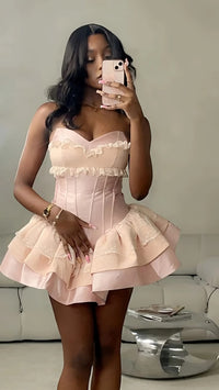 Sweet Pink Homecoming Dress Lace Ruffle Birthday Party