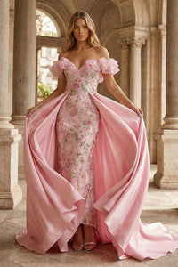Sparkly Floral Pink Off The Shoulder Ruffled Mermaid Long Prom Dress