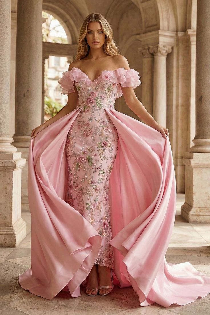 Sparkly Floral Pink Off The Shoulder Ruffled Mermaid Long Prom Dress