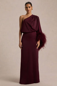 Felicity Burgundy Satin Asymmetric Neck Maxi Dress With Feather Deta