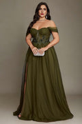 Green Curveins Plus Size Off Shoulder Strapless Sleeveless Cinched