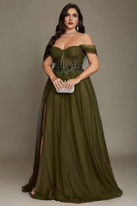 Green Curveins Plus Size Off Shoulder Strapless Sleeveless Cinched