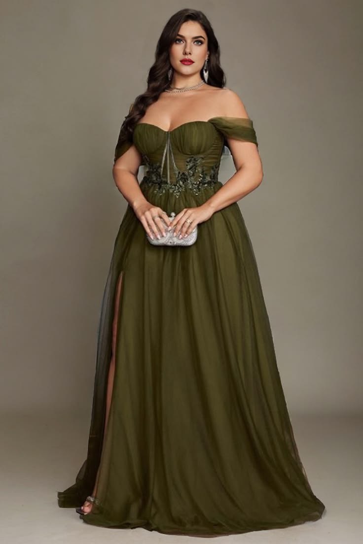 Green Curveins Plus Size Off Shoulder Strapless Sleeveless Cinched