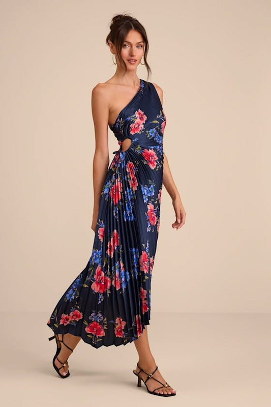 Mariella Navy Multi Floral Satin Pleated Midi Dress