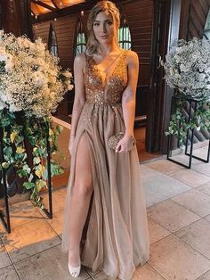 A Line Princess Sleeveless V Neck Floor Length Rhinestone Tulle Dress