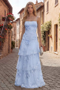 Blush Tiered Ruffled Spaghetti Straps Floral Long A Line Prom Dress