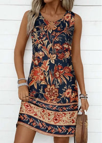 Rotita Circular Ring Floral Print Dark Blue Round Neck Dress