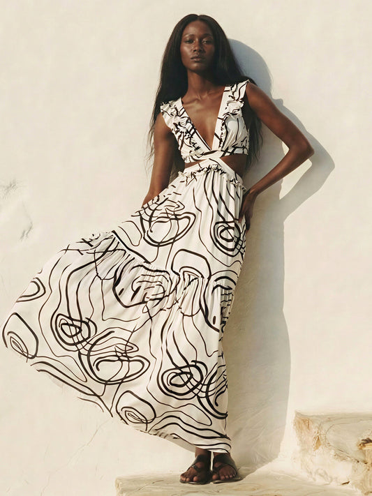 Sleeveless Side Cutout Abstract Print Maxi Dress