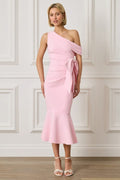 Fleur One Shoulder Fishtail Midi Dress With Bow Detail In Pink