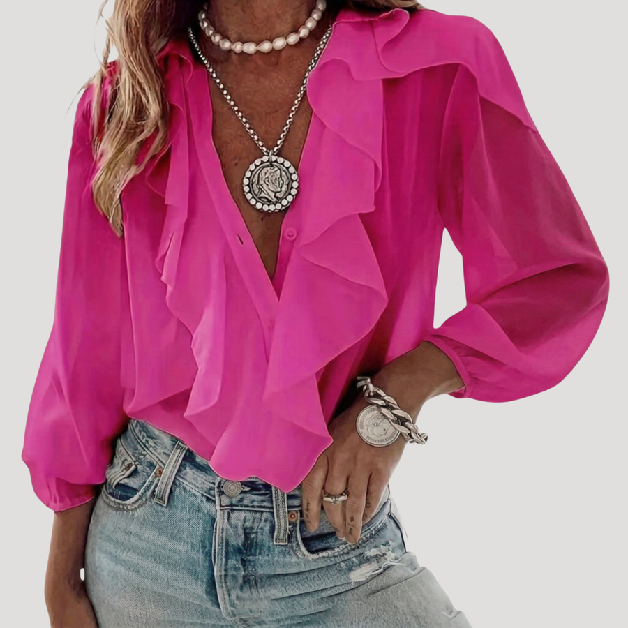 Fleur | Women's Ruffle Front Long Sleeve Blouse
