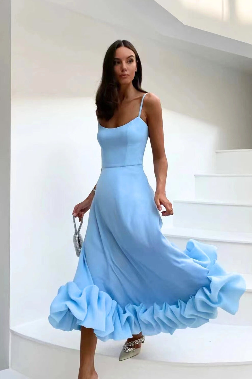 Fleur | Women's Ruffle Hem Spaghetti Strap Midi Dress