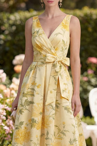 Floral Butter Yellow V Neck Ruched A Line Maxi Wedding Guest Dress
