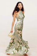 Floral Halter Neck Maxi Dress Green