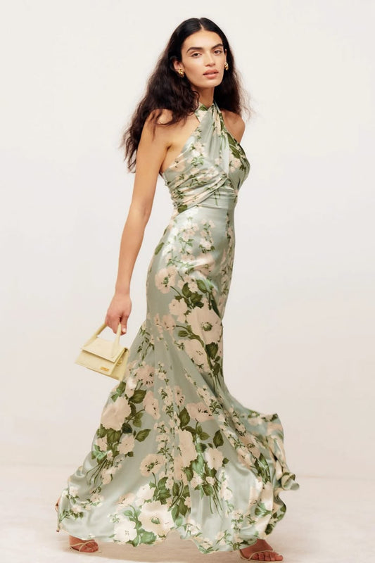 Floral Halter Neck Maxi Dress Green