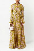 Floral Lace Up Puff Sleeve Maxi Dress Olive