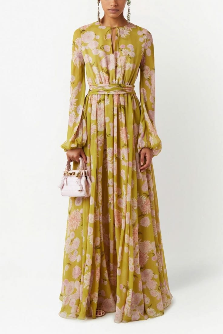 Floral Lace Up Puff Sleeve Maxi Dress Olive