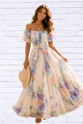 Floral Off Shoulder A Line Dress For Women Purple 2Xl
