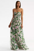 Floral Off Shoulder Halter Neck Pleat Maxi Dress Green