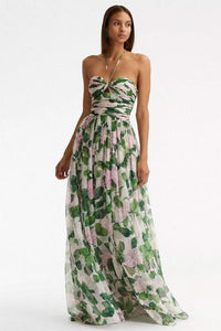 Floral Off Shoulder Halter Neck Pleat Maxi Dress Green