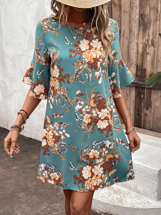 Floral Print Flounce Sleeve Casual Dress Turquoise