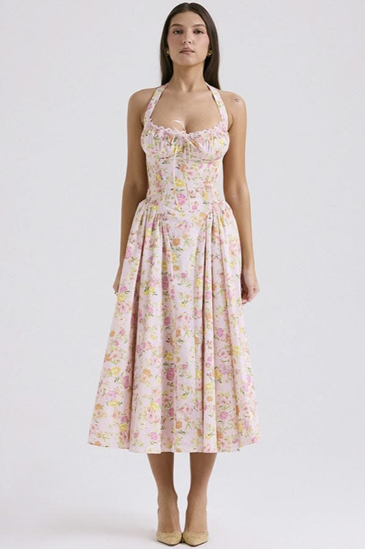 Floral Print Halter Bodycon Maxi Dress Pink L