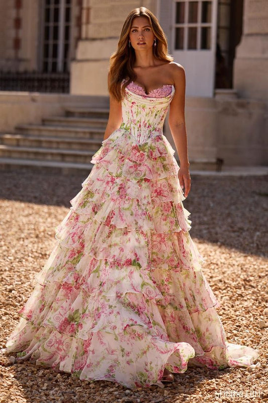 Floral Print Ruffle Prom Dress 57693 Ivory Pink Green Print