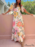 Floral Print Square Neck Graceful Bubble Sleeve Maxi Dress White S
