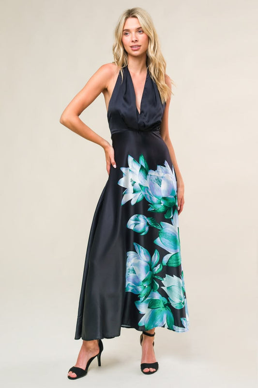 Floral Print Tea Length Formal Cocktail Dress Flying Tomato Black