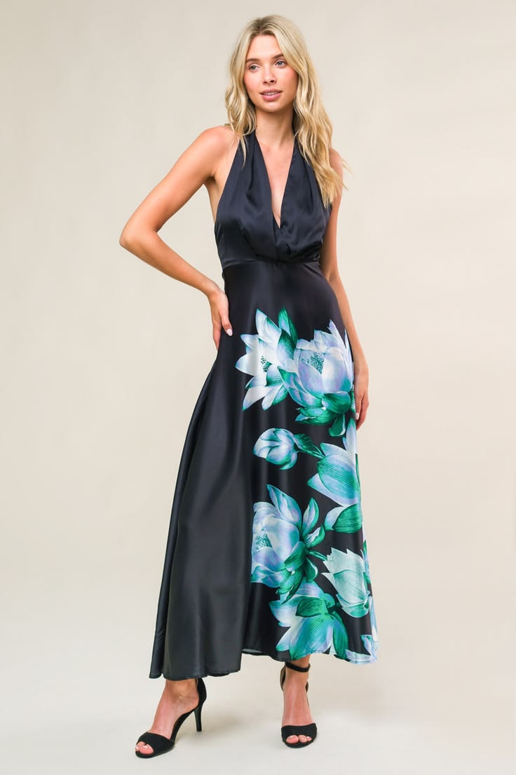 Floral Print Tea Length Formal Cocktail Dress Flying Tomato Black