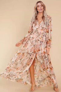 Floral Puff Sleeve V Neck Ruffle Hem Maxi Dress Orange