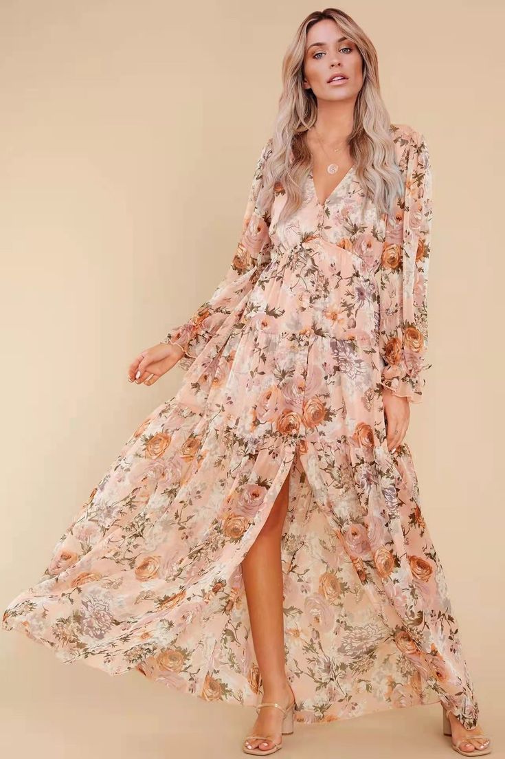 Floral Puff Sleeve V Neck Ruffle Hem Maxi Dress Orange