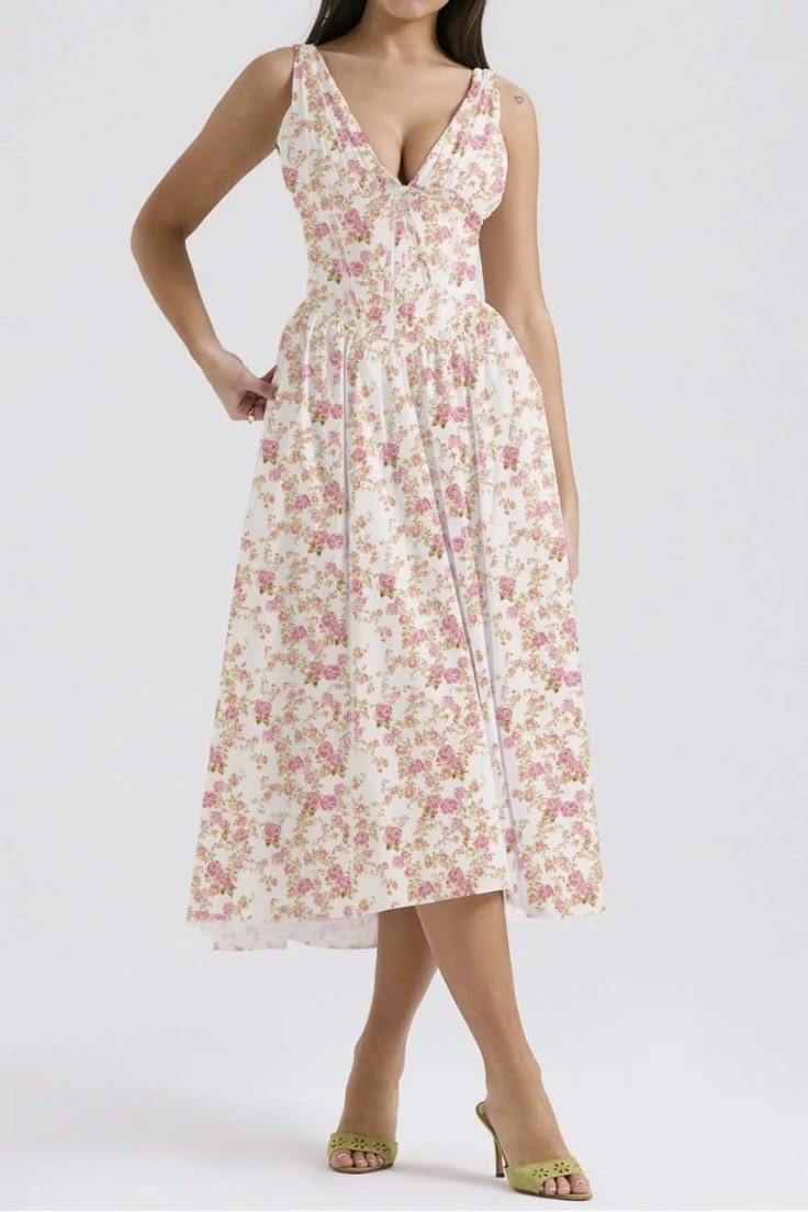 Floral V Neck Sleeveless Midi Dress With Pockets Blush