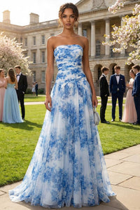 Floral White And Blue A Line Strapless Long Prom Dress White Blue
