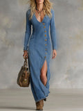 Florentine | Women's V-Neck Long Sleeve Denim Maxi Dress