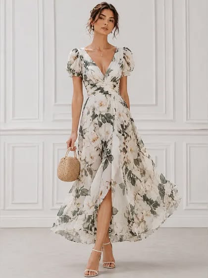 French Beige Ruffled Embroidered Lace Dress Summer