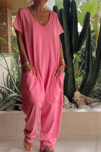 Freya | Women's V-Neck Short Sleeve Wide Leg Jumpsuit