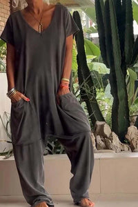 Freya | Women's V-Neck Short Sleeve Wide Leg Jumpsuit
