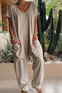 Freya | Women's V-Neck Short Sleeve Wide Leg Jumpsuit