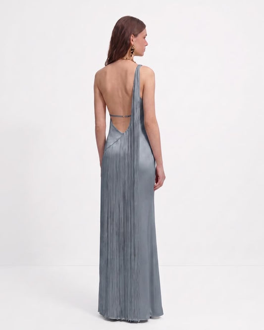 Fringe One Shoulder Maxi Dress Misty Blue, 10 US