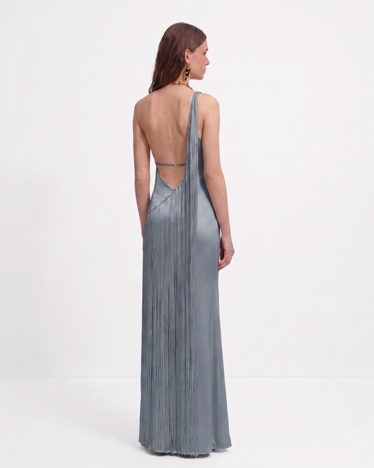 Fringe One Shoulder Maxi Dress Misty Blue, 10 US