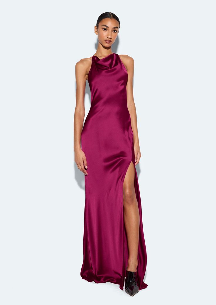 Fuchsia Satin Halter Gown Berry