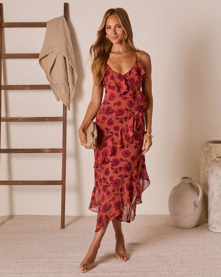 Garden Bliss Floral Tiered Midi Dress Red Multi