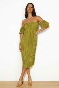 Give Me Plisse Midi Dress Olive XS Green