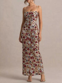 Gold Slit Floral Sequin Bodycon Maxi Dress Multicolor