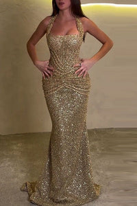 Gold Velda Sequin Halter Square Neck Ruched Waist Back Lace Up Drape