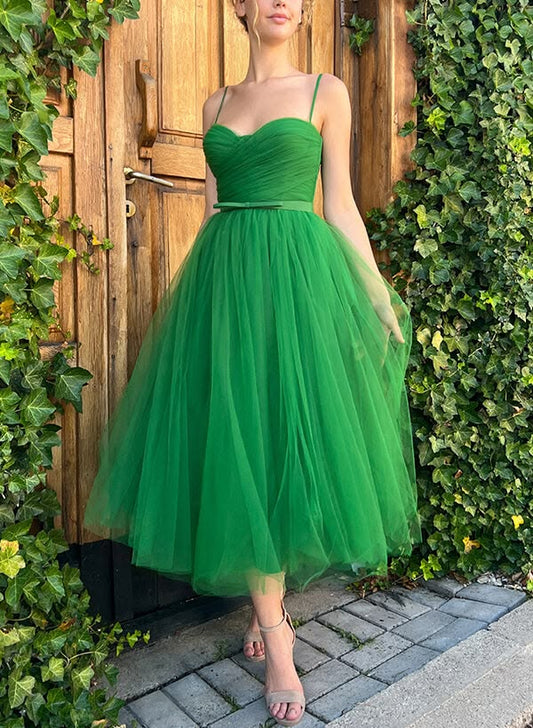 Green A Line Sweetheart Sleeveless Tulle Homecoming Dress With Sash